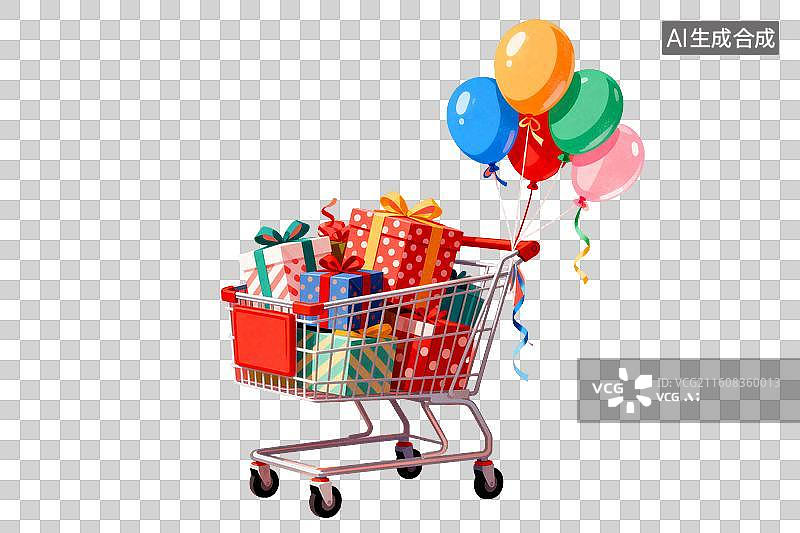 【AI数字艺术】购物车满载礼物气球庆祝场景图片素材