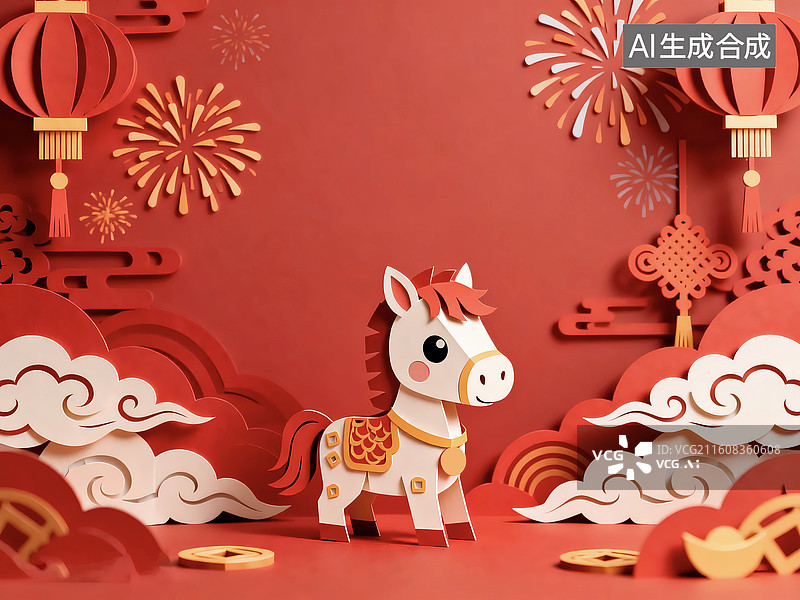 【AI数字艺术】国风立体剪纸马驹马年新年喜庆背景图片素材