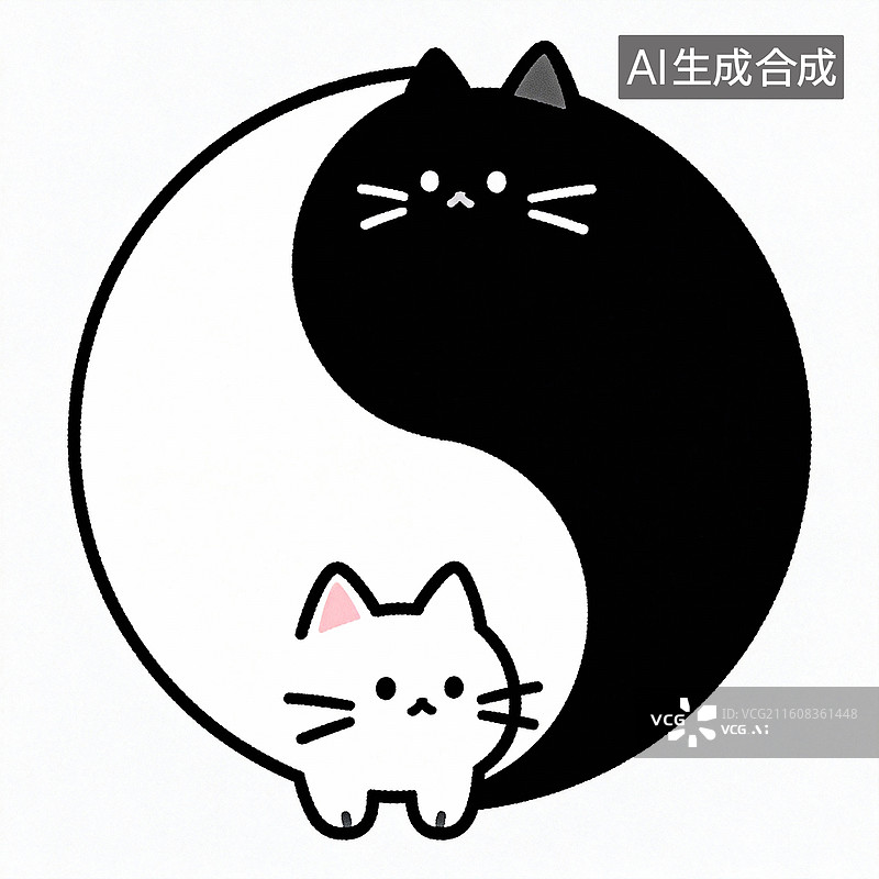 【AI数字艺术】黑猫白猫阴阳符图形创意插画图片素材