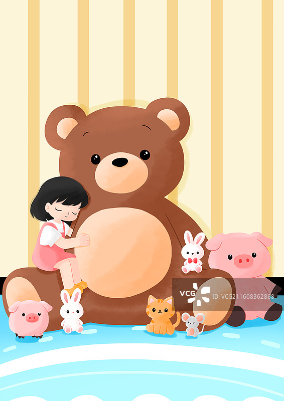 马年可爱小女孩玩具小熊小猪小猫小兔子卡通治愈图片素材