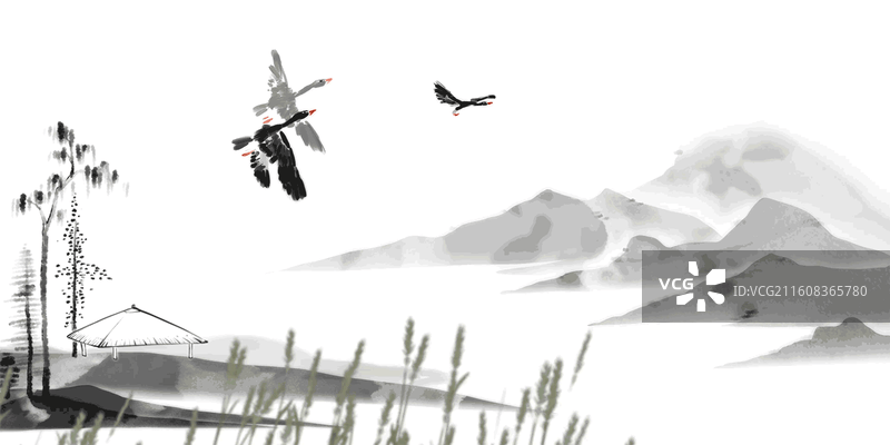 高雅 典雅 水墨 中国画 动画 大雁 山 水 树图片素材