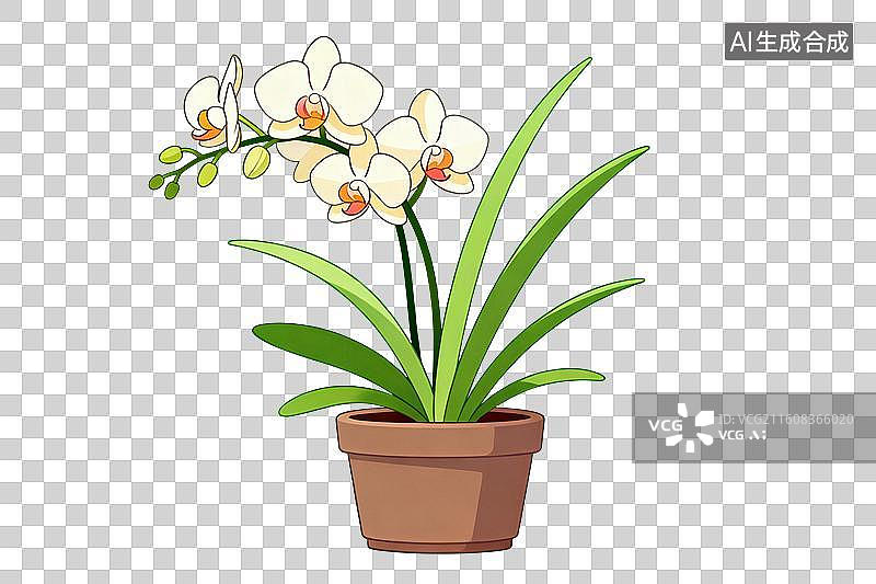 【AI数字艺术】卡通风格，一盆盛开的兰花PNG格式的免扣元素图片素材