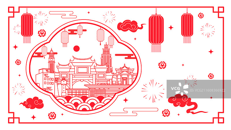 汕尾红色传统工艺刻纸剪纸文化新年灯笼城市图片素材