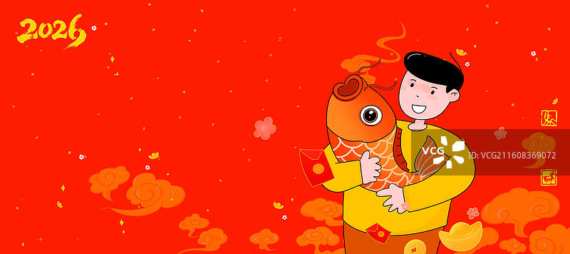年年有余 鲤鱼 锦鲤 节日氛围 2026年 红色背景 春节 氛围 祥云 传统图案图片素材