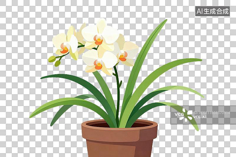 【AI数字艺术】卡通风格，一盘兰花植物PNG格式的免扣元素图片素材