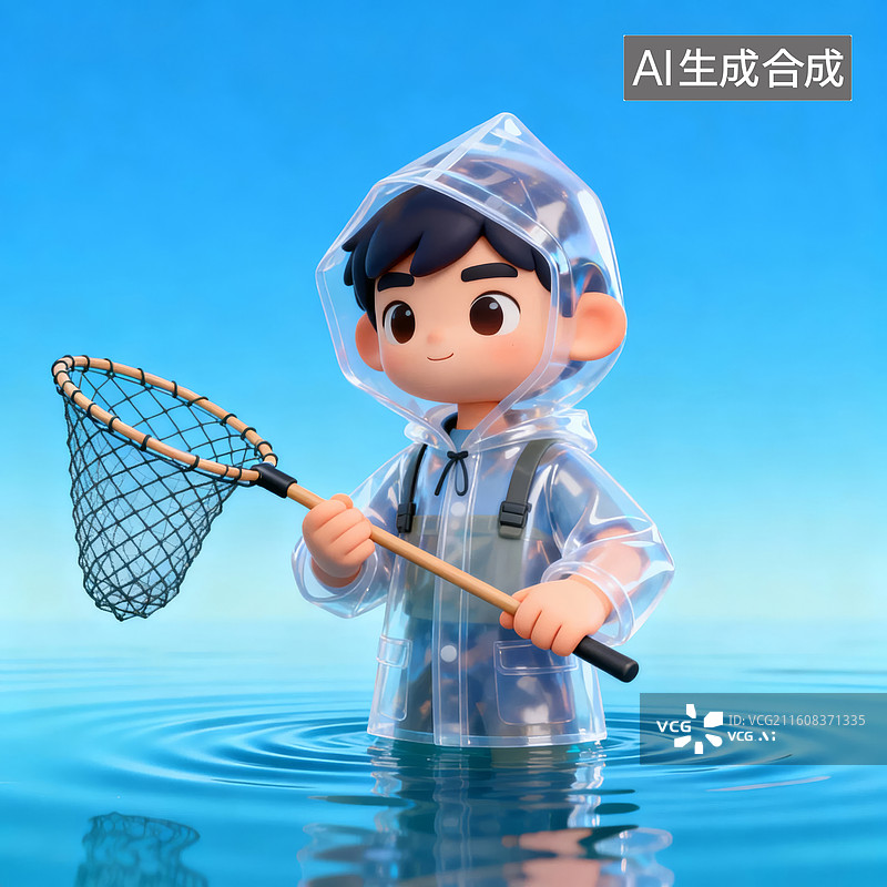 【AI数字艺术】男孩水中捕鱼图片素材