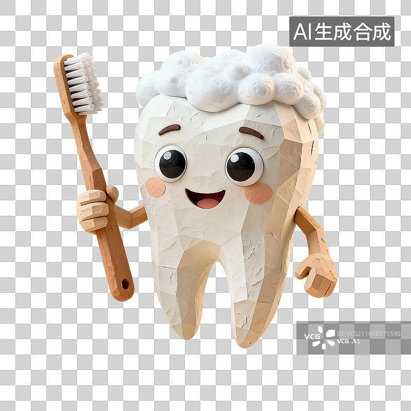 【AI数字艺术】3D渲染，粘土风，可爱的卡通拟人牙齿，漱口，牙齿清洁免抠元素图片素材