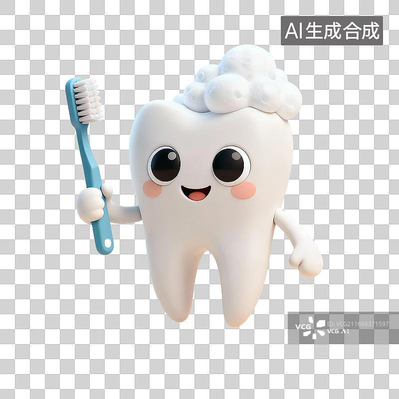 【AI数字艺术】3D渲染，粘土风，可爱的卡通拟人牙齿，漱口，牙齿清洁免抠元素图片素材