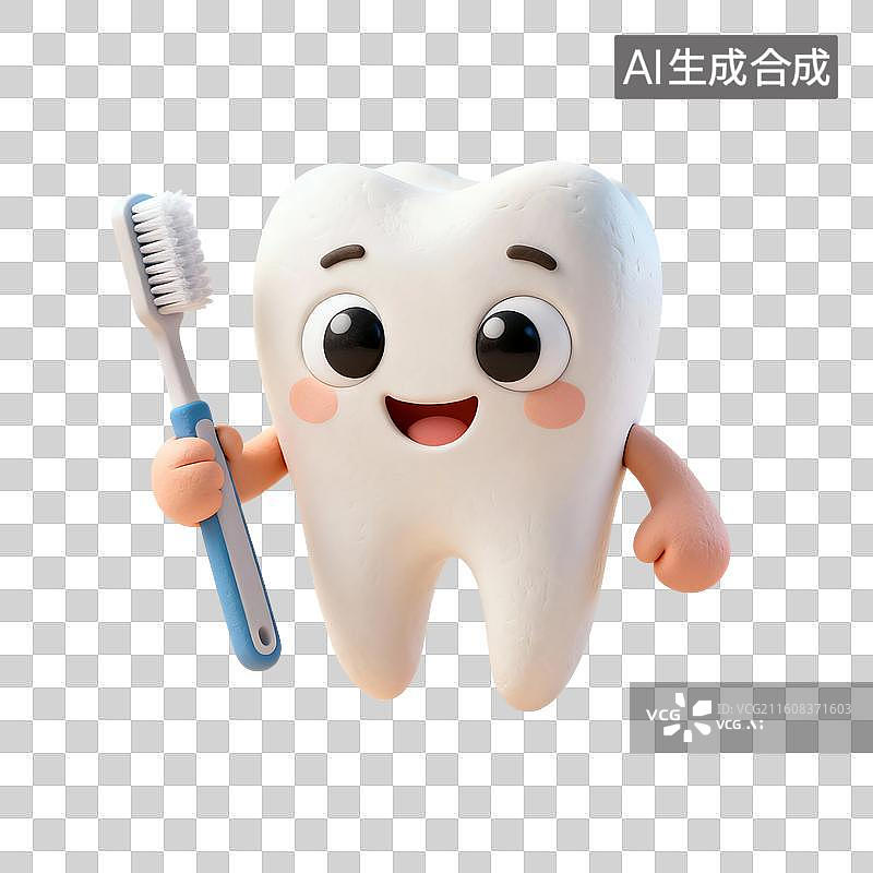 【AI数字艺术】3D渲染，粘土风，可爱的卡通拟人牙齿，漱口，牙齿清洁免抠元素图片素材