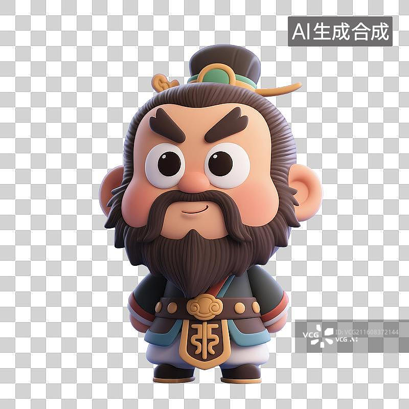 【AI数字艺术】3D渲染中国风古代Q版卡通人物，门神张飞，武将，将军，拿着兵器的将军，免抠元素图片素材
