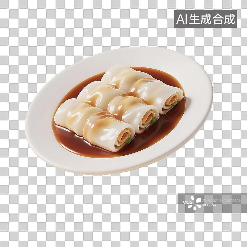 【AI数字艺术】3D渲染卡通中华美食，广式早茶茶点，肠粉，卷筒粉，早餐，早茶，美食食品，免抠元素图片素材