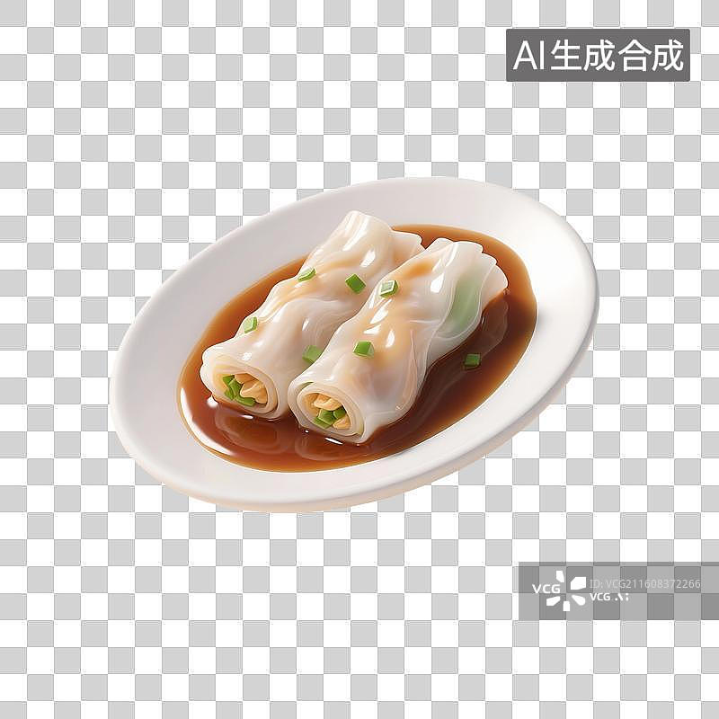 【AI数字艺术】3D渲染卡通中华美食，广式早茶茶点，肠粉，卷筒粉，早餐，早茶，美食食品，免抠元素图片素材