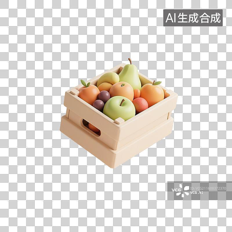 【AI数字艺术】3D渲染，一箱水果蔬菜，超级市场，购物，促销，免抠元素图片素材