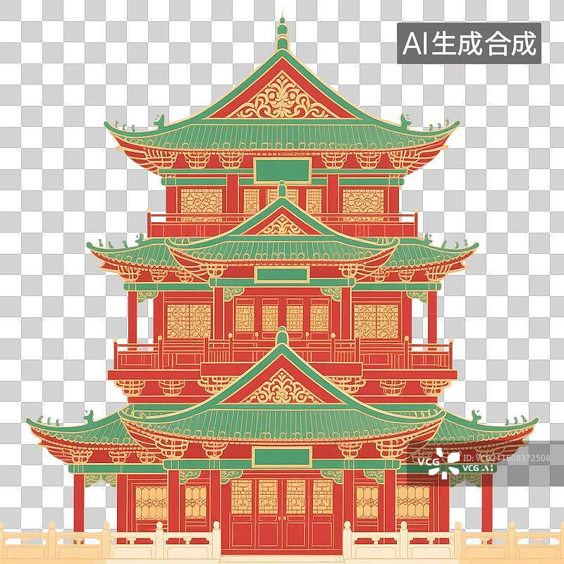 【AI数字艺术】国潮风手绘插画，中国古代楼阁，宝塔，中式古代建筑，亭台楼阁，园林景观，免抠元素图片素材
