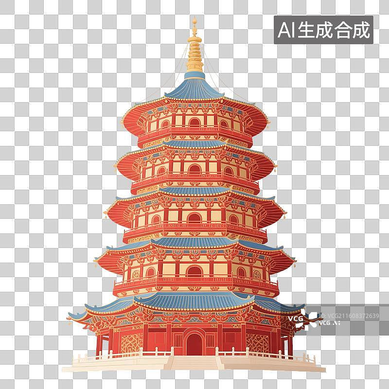 【AI数字艺术】国潮风手绘插画，中国古代楼阁，宝塔，中式古代建筑，亭台楼阁，园林景观，免抠元素图片素材