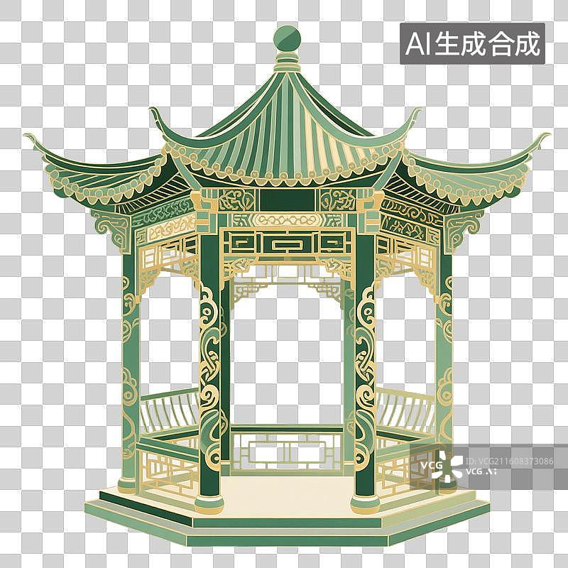 【AI数字艺术】国潮风手绘插画，中国古代建筑，中式古代建筑，凉亭，亭台楼阁，园林景观，免抠元素图片素材