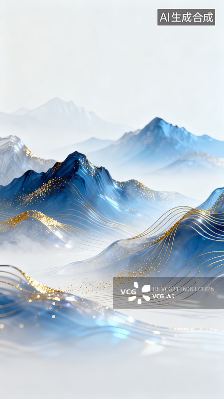 【AI数字艺术】科技粒子线条国风抽象山水画图片素材