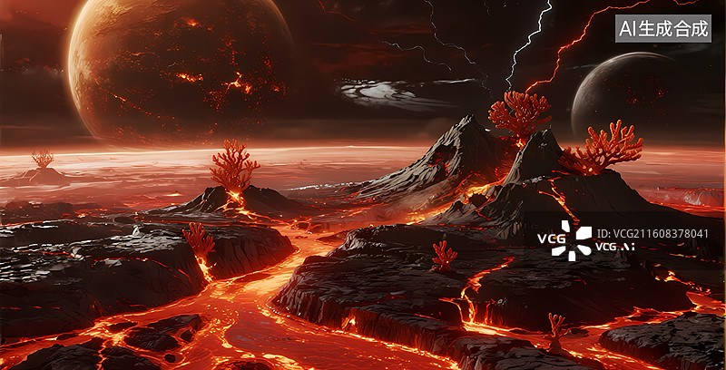【AI数字艺术】火山星球表面熔岩流动图片素材