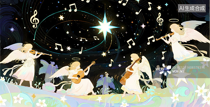 【AI数字艺术】天使演奏音乐的星空场景图片素材