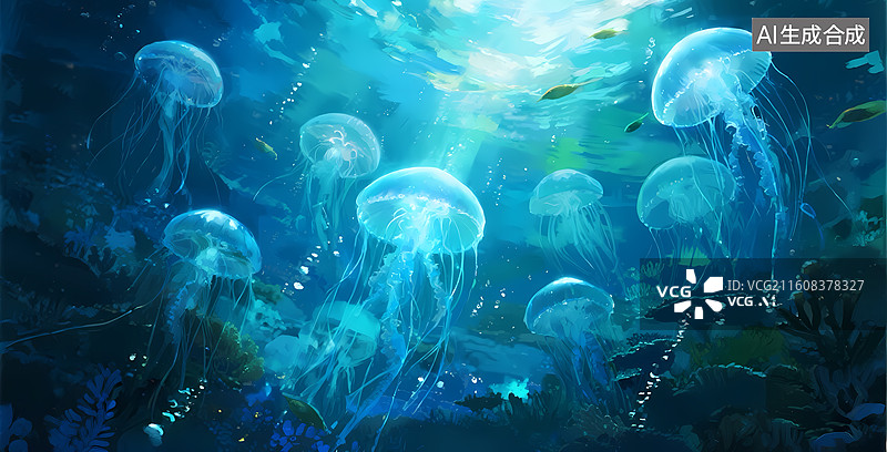 【AI数字艺术】深海水母群游景象图片素材