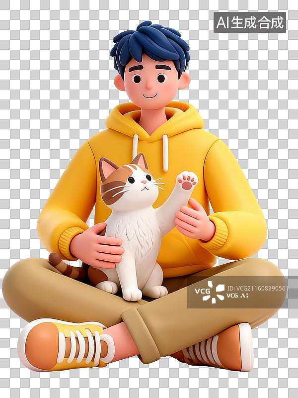 【AI数字艺术】3D卡通粘土风少年坐地逗猫嬉戏图片素材