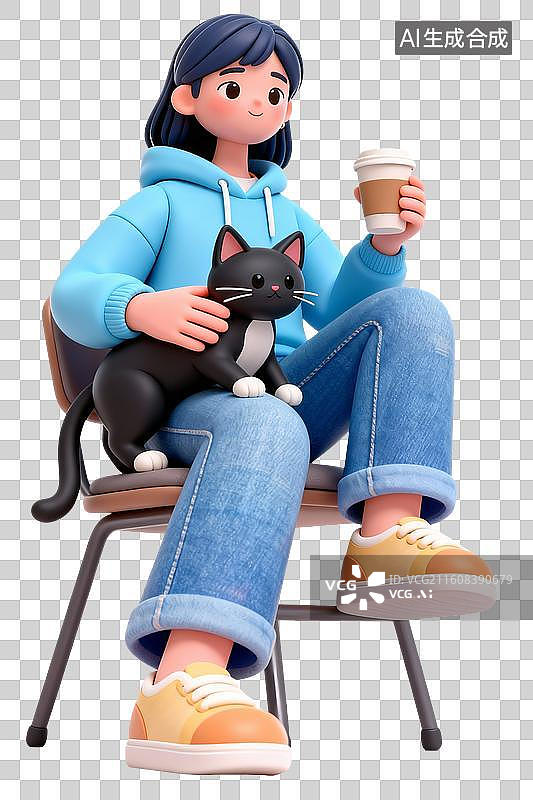 【AI数字艺术】3D卡通粘土风女孩坐着和猫咪互动图片素材