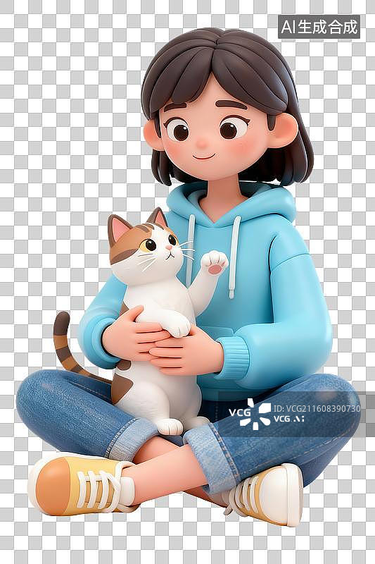 【AI数字艺术】3D卡通粘土风女孩坐地逗猫嬉戏图片素材