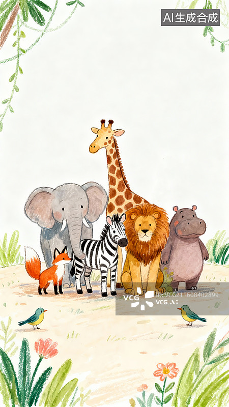 【AI数字艺术】蜡笔手绘绘本，童趣，长颈鹿、大象、狮子、斑马、河马、狐狸、小鸟等多种动物聚会，周围有绿色的植物和花朵图片素材