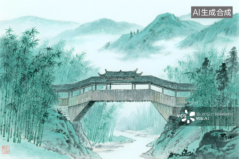 【AI数字艺术】中式廊桥水墨山水画图片素材