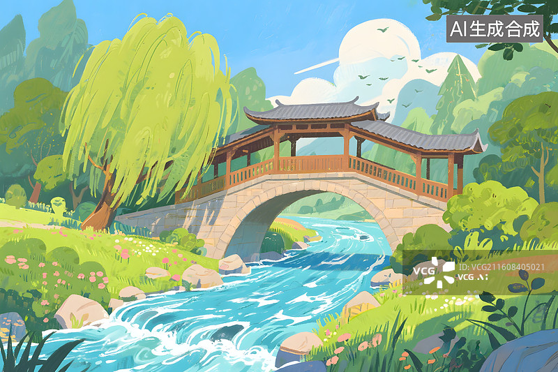 【AI数字艺术】中式廊桥水墨山水画图片素材