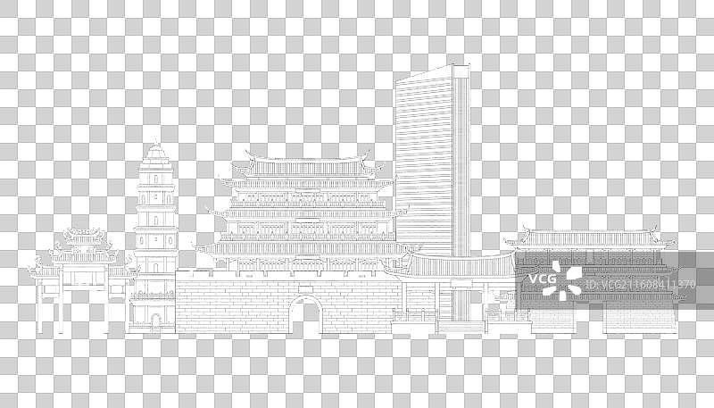广东潮州城市地标建筑插画线稿图片素材