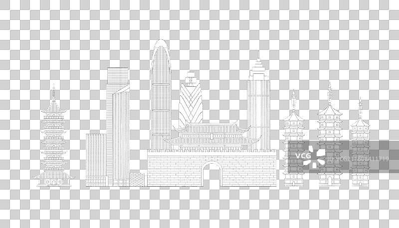 浙江嘉兴城市地标建筑插画线稿图片素材