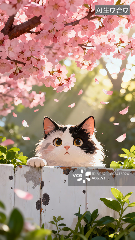 【AI数字艺术】一只可爱猫咪在春日里的灵动瞬间，奶牛猫从斑驳白色围栏后探出头，上方是大片飘落的粉红桃花图片素材