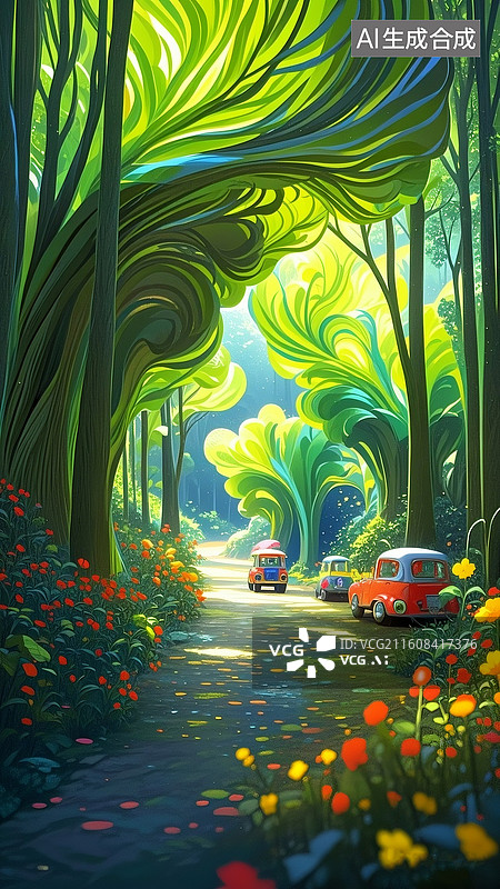 【AI数字艺术】森林秘境，一片茂密的森林场景，马路两边开满红色，黄色的小花，马路上有可爱卡通的车辆，奇幻、可爱且温馨图片素材