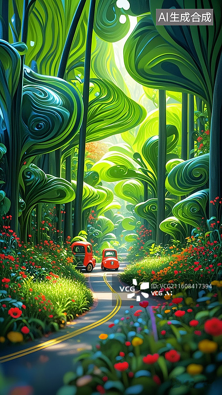 【AI数字艺术】森林秘境，一片茂密的森林场景，马路两边开满红色，黄色的小花，马路上有可爱卡通的车辆，奇幻、可爱且温馨图片素材