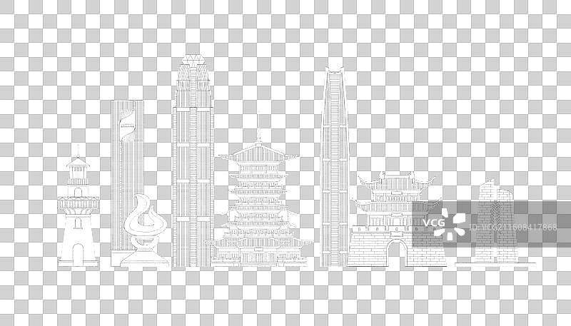 浙江台州城市地标建筑插画线稿图片素材