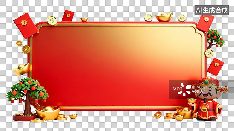 【AI数字艺术】3D免抠元素，边框栏，点缀红包金币财神发财树图片素材