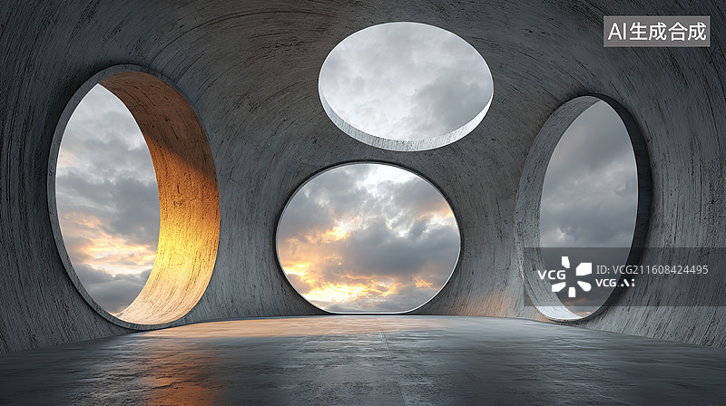 【AI数字艺术】混凝土空间中的圆形天窗图片素材