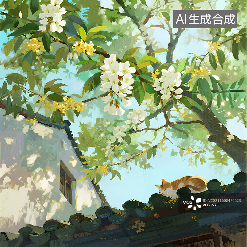 【AI数字艺术】油画风格，一片繁茂的金桂，猫咪在屋檐睡觉，阳光透过枝叶的缝隙洒下，形成斑驳的光影图片素材