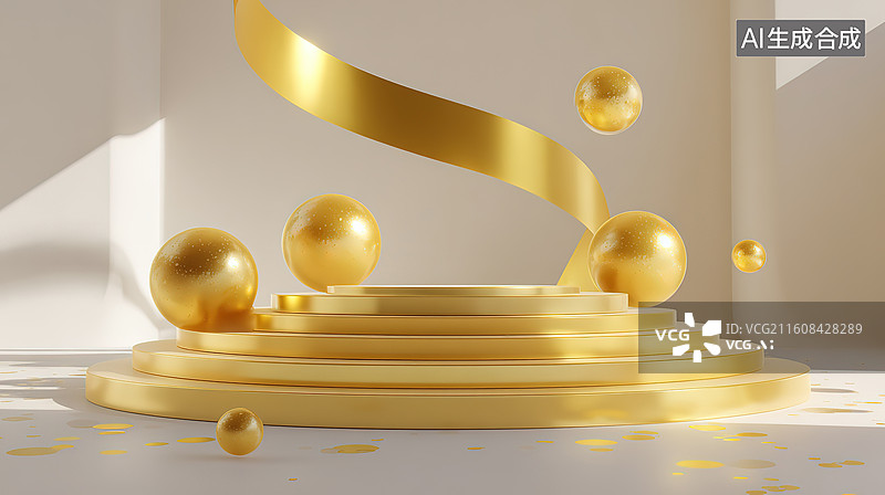 【AI数字艺术】金色阶梯与球体的抽象场景图片素材
