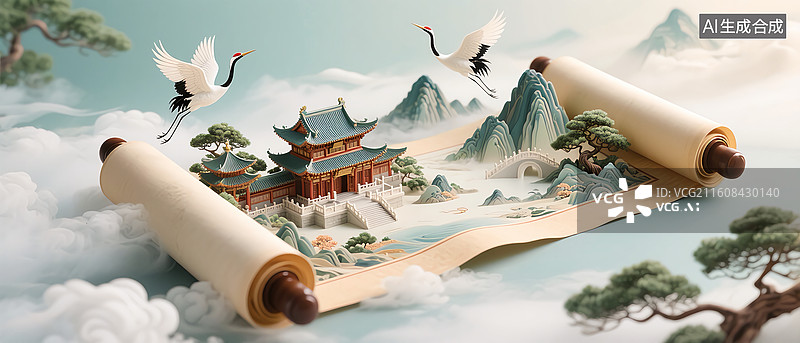 【AI数字艺术】国潮水墨画千里江山仙鹤卷轴图片素材