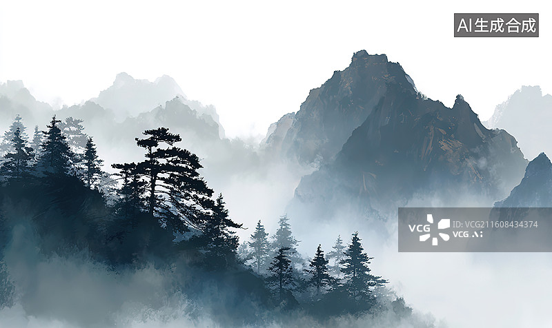 【AI数字艺术】雾中山林与峻岭图片素材