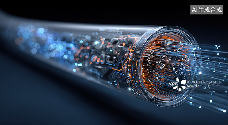 【AI数字艺术】光纤内部电路与数据流图片素材