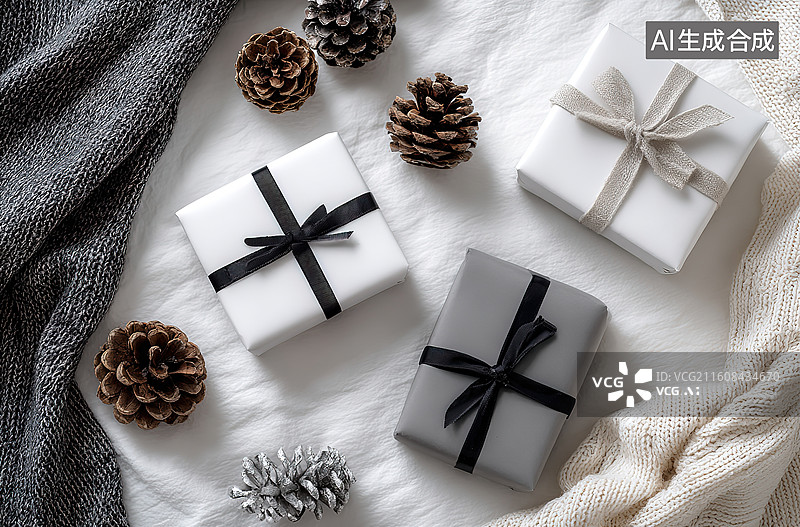 【AI数字艺术】节日礼物与松果静物摆拍图片素材