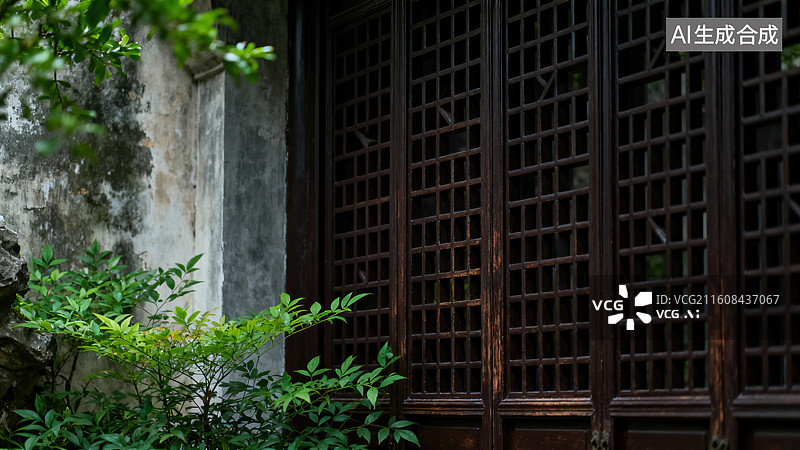 【AI数字艺术】《中式古建木格栅窗斑驳墙面绿植点缀场景》图片素材