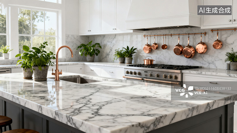 【AI数字艺术】《现代轻奢白色橱柜铜锅大理石厨房场景》图片素材