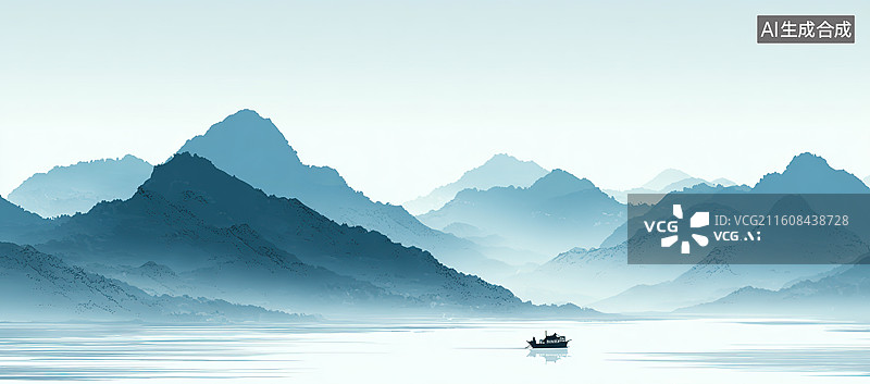 【AI数字艺术】山水湖光小舟远行图片素材