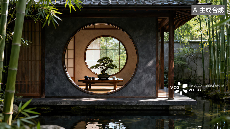 【AI数字艺术】《日式禅意圆窗盆景静水庭院场景》图片素材