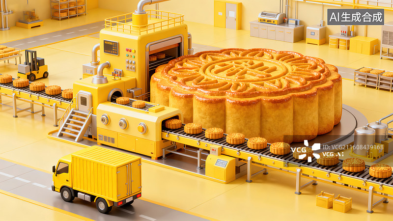 【AI数字艺术】《创意巨型月饼食品工厂生产线场景》图片素材