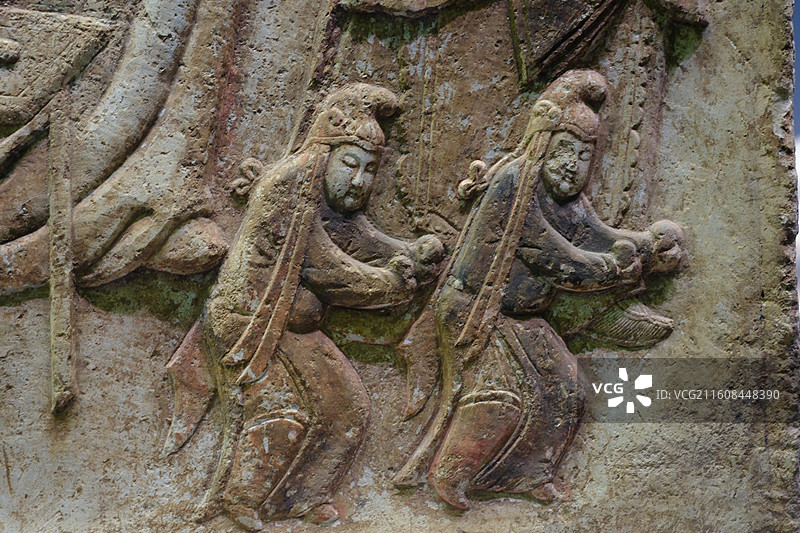 河北博物院镇馆之宝彩绘散乐浮雕。五代石刻文物图片素材